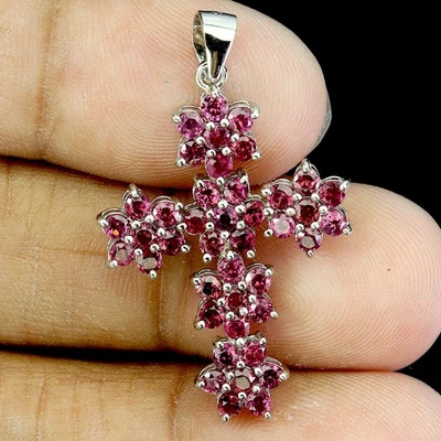 Colgante de plata de ley 925 redondo rodolita granate 2 mm cruz piedras preciosas joyería Foto 1 de 4