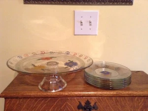 Large heavy vintage hand painted cake stand and 6 matching plates UNIQUE! - Picture 1 of 5