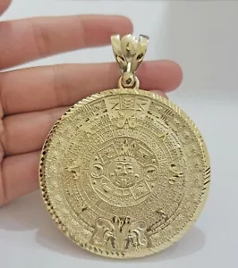 SOLID Real 10kt Yellow Gold Pendant Aztec Mayan Calendar 2.5" Men's Round Charm  - Picture 1 of 5