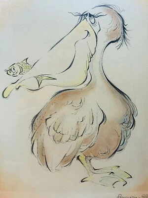 Vintage Original Pelican w/ Fish Cartoon Pastel Marker Drawing Sketch Pendleton - Image 1 of 4