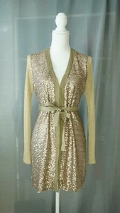 UNIQUE 80sSEQUIN FRONT RIBBED SLEEVE KOREAN HOOKS BELTED LONG CARDIGAN SIZE M L - Picture 1 of 7