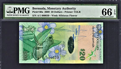 Bermuda $20 Hybrid Polymer 2009 1st Prefix LOW # A/1 000039 P-60a GEM UNC PMG 66 - Image 1 of 2