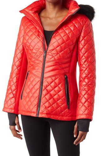 Giacca imbottita trapuntata con cappuccio bordo pelliccia sintetica donna Michael Kors rosso nero taglia M