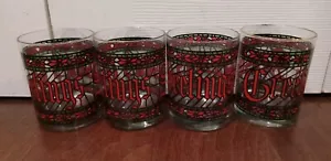 Set Of 4 VTG Houze Seasons Greeting Stained Glass Tumblers Gold Rim Low Ball - Picture 1 of 8