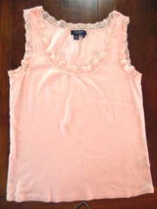 Chaps Misses Pink Tank Top Cotton Tee w/Lace Around Neck & Armholes Size L New - Picture 1 of 3