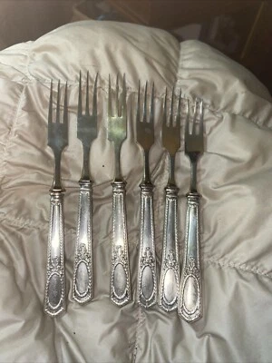 Antiguo juego de 6 tenedores de postre aperitivo de frutas con mango de plata 800 con marca vintage Foto 1 de 4