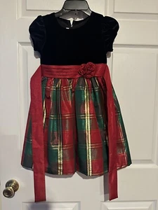 Bonnie Jean Girl 6X Party Dress Black Velour Top Plaid Ruffled Skirt Bow Tie Zip - Picture 1 of 8