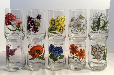 Brockway Flower of the Month Glass Tumblers Birthday Set of 10 Vtg Decor MCM Foto 1 de 4