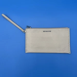 Michael Kors Jet Set Leather Studded Wristlet Clutch Beige Zip Bag - Picture 1 of 10