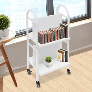 Carrello porta libri libreria a 2 livelli carrello libro con maniglia + 4 ruote - Foto 1 di 14