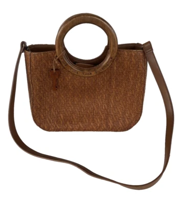 Bolso de hombro vintage con asa de madera tejido cesta fósil Foto 1 de 4