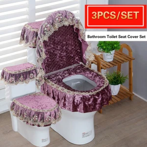 3Pcs Bathroom Toilet Seat Cover Set Lace Velvet Tank Cover Lid Pads Washable - Picture 1 of 16