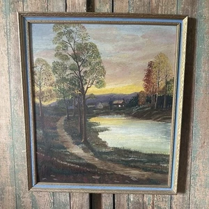 Vintage Oil On Board Painting Landscape Framed Unsigned Sunset Autumnal Farm - Picture 1 of 9