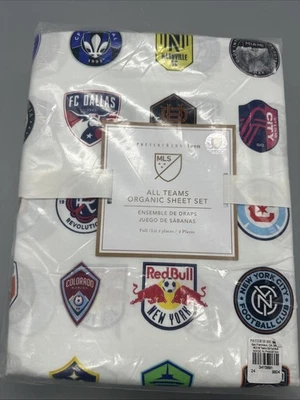 POTTERY BARN TEEN -MLS -ALL TEAMS SOCCER ORGANIC SHEET SET, FULL-NEW - Image 1 of 4