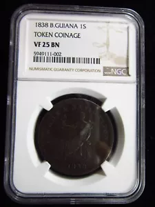 British Guiana 1 Stiver 1838 NGC VF25 BN Certified h1002 Token Coinage - Picture 1 of 4