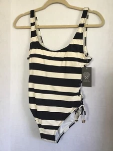 NWT Vince Camuto Swimsuit 6 One Piece Black White Stripe Adj Lace Up Sides $119 - Picture 1 of 2