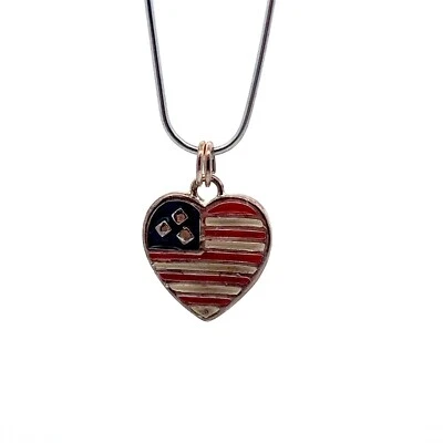 Argento Sterling Cuore Bandiera Americana Smalto 0.75 " Ciondolo - Immagine 1 di 4