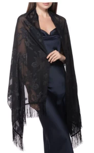 Chal floral azul marino INC plata transparente metálico con bufanda con flecos nuevo con etiquetas WP9 - Imagen 1 de 3