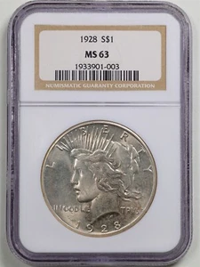 1928 $1 Peace Silver Dollar MS63 NGC 1933901-003 - Picture 1 of 4