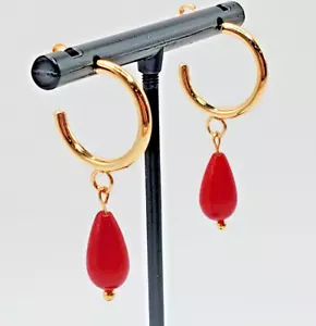 New Genuine Red Coral Teardrop Dangle Gold Plated Round J-Hoop Earrings - Picture 1 of 4
