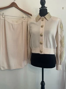 St. John Sportswear by Marie Gray 4P skirt suit cream and gold wool knitwear - Picture 1 of 18