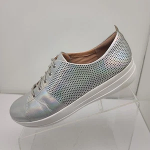 Fitflop Rally Silver Leather Sneakers Women's Metallic Lace Up Size 8.5 - Picture 1 of 11
