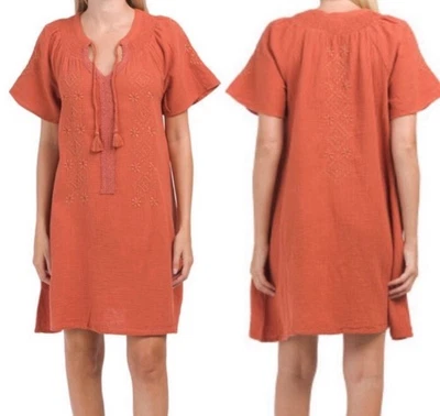Lucky Brand Raglan Sleeve Dress In Burnt Orange Sz M Cotton Embroidery Tassels - Image 1 of 4