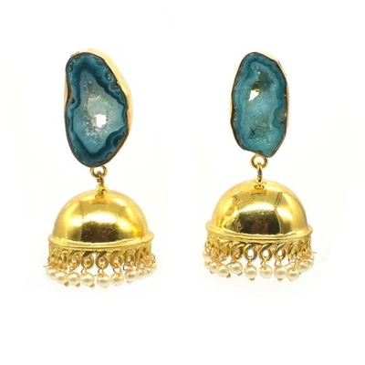 Pendiente de joyería chapado en oro con piedras preciosas de ágata druzy geoda rebanada azul 2" R066 Foto 1 de 4