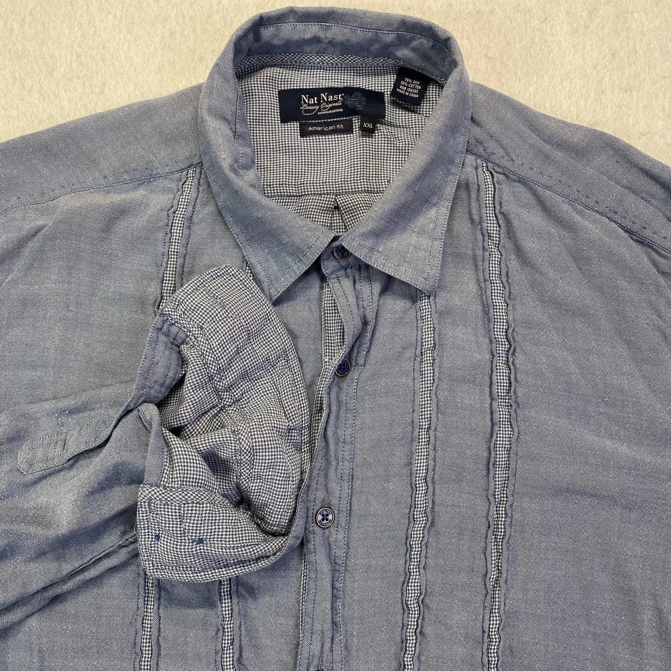 Camisa Nat Nast Original de Lujo Para Hombres XXL Azul Seda Algodón Pintuck Manga Larga Foto 1 de 4