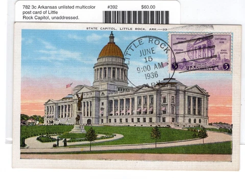 #782 Arkansas Centennial 1936 FDC - Little Rock Capitol Postcard Cover