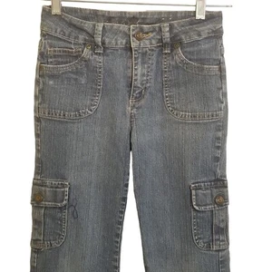 Arizona Jean Co Jeans Girls Size 14 Slim Blue Denim Vtg Cargo Pockets Flare Leg - Picture 1 of 11