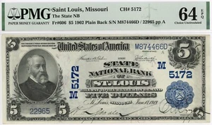 1902 Saint Louis, Missouri $5 PB note State NB CH#5172 PMG 64 EPQ - Picture 1 of 2