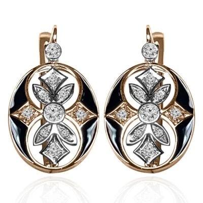 14k Solid Rose and White Gold Genuine Diamond Enamel European Style Earrings - Image 1 of 4