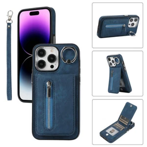 For iPhone 16 Pro Max 15 14 13 12 11 XR Phone Case Ring Bracket Leather Wallet - Picture 1 of 19