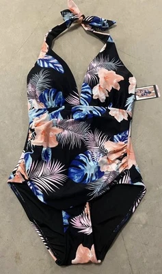 DKNY Women's One Piece Tummy Control Halter Neckline Swimsuit SMALL Black Floral - Image 1 of 4