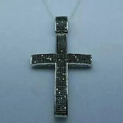 Colgante Cruz Hombre Corte Redondo 3 Ct Negro Creado en Laboratorio Chapado en Oro Blanco 14k Foto 1 de 4