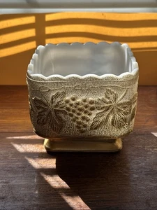 Vintage 1960 Fire King Milk Glass Square Gold Grapevine planter - Picture 1 of 8