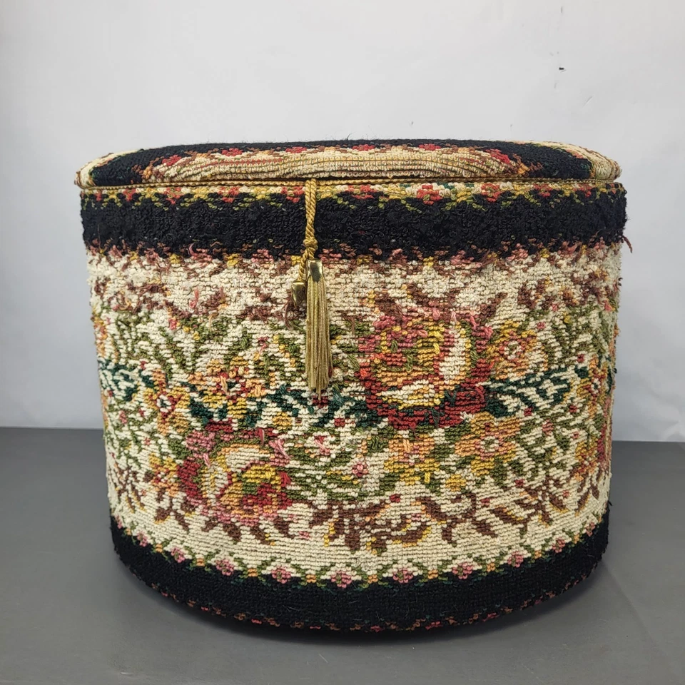 Vintage Storage Ottoman / Footstool Tapestry Floral Theme Sewing Box Handmade  - Image 1 of 4