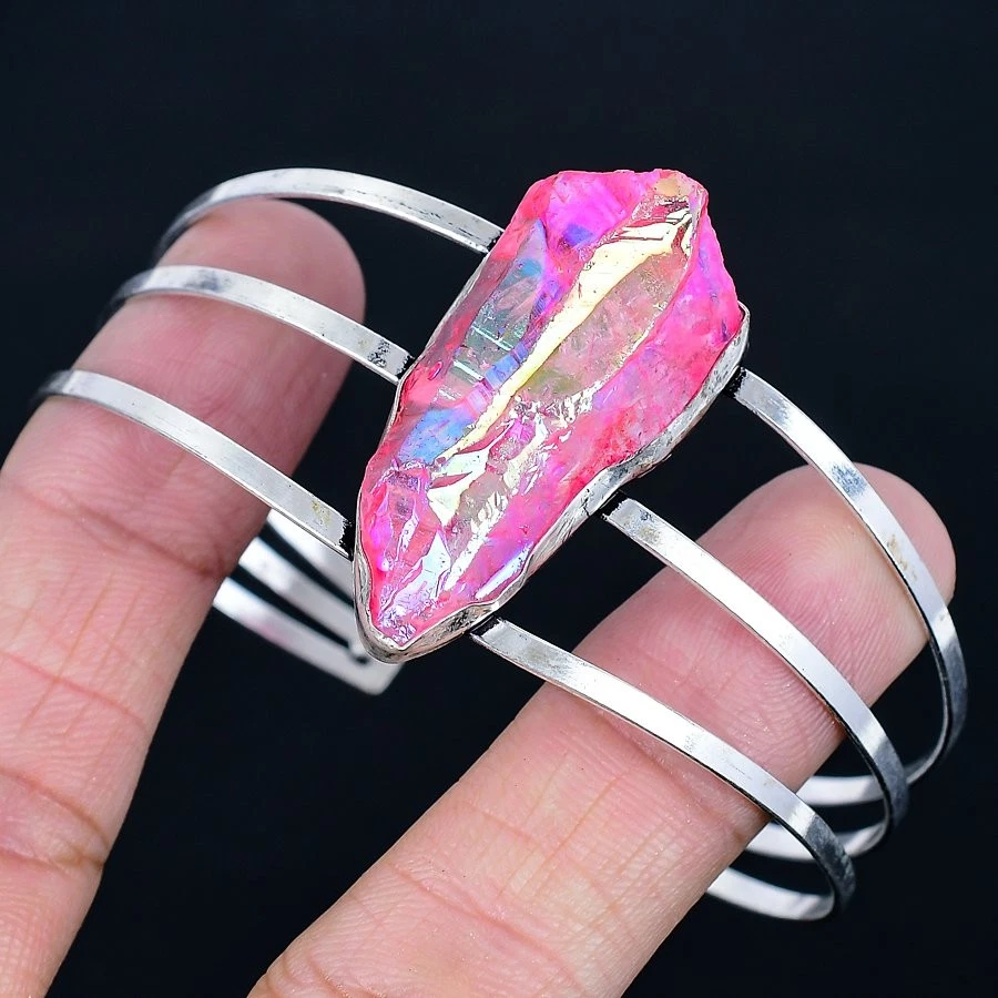 Pink Titanium Quartz 925 Silver Plated Bracelet/Bangle Adjustable - Image 1 of 1