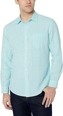 Essentials Mens Regular-Fit LongSleeve Linen Cotton Shirt - Aqua Gingham Medium - Image 1 of 4