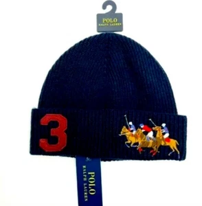 Polo Ralph Lauren Pferderennen marineblau Triple Pony Beanie Wintermütze neu mit Etikett - Bild 1 von 1