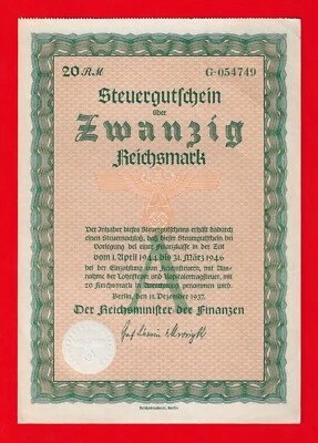 Alemania 20 RM Tauergutsche Certificado 1941-1946 S/B Kroll 1103a4 Fondos de Guerra Foto 1 de 2