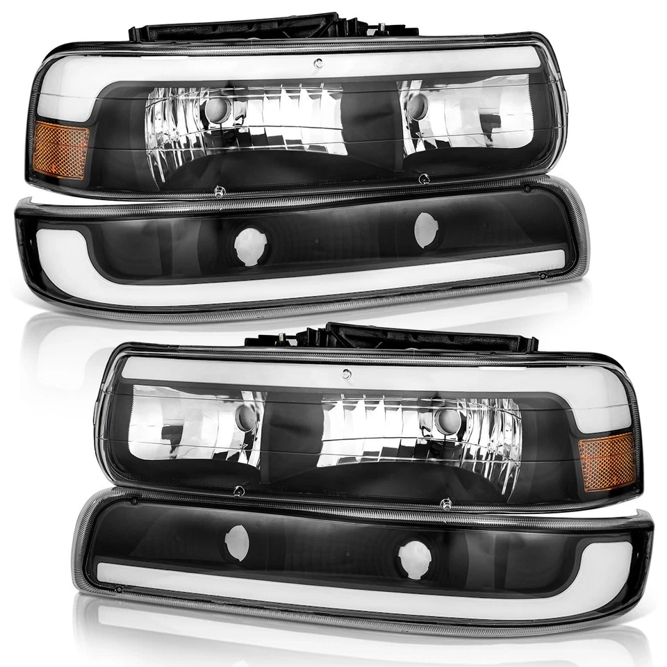 Pair Headlights For 1999-2002 Chevy Silverado 00-06 Tahoe LED DRL & Bumper Lamps Foto 1 de 4