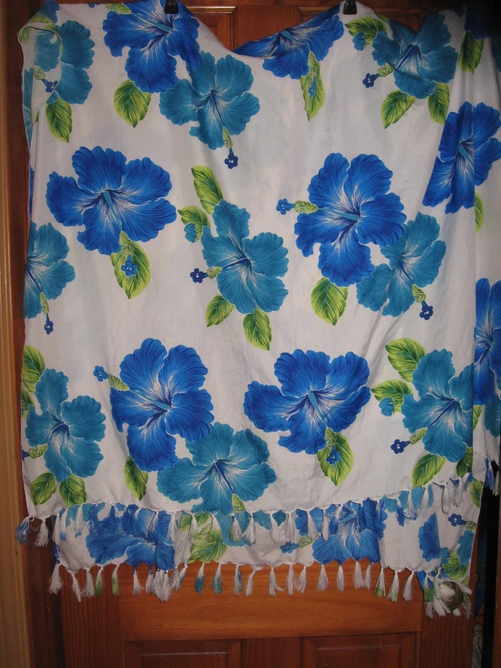 Womens Rima Beach Swim Sarong Coverup White Blue Floral Fringe Pool Wrap 71"x44" — 第 1/1 张图片