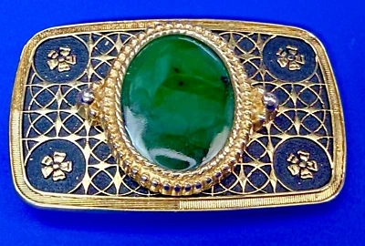 Cabujón de calcedonia verde cabina de piedra en color dorado y negro hebilla de cinturón vintage Foto 1 de 4