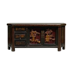 Chinese Distressed Brown Golden Flower Motif TV Console Table Cabinet cs6127