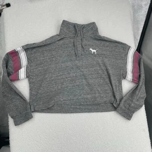 PINK Shirt Girls Junior Gray Cropped Long Sleeve Size M Medium Drawstring Stripe - Picture 1 of 19