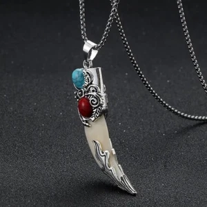 Tiger's Tooth Pendant Necklace, Onyx Lapis Bone Coral Turquoise Men's/Woman's - Picture 1 of 10