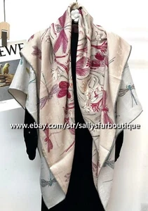 Sallys 70% Cashmere 30% Silk Jacquard Dragonflies Print 2 Face Shawl Scarf 53" - Picture 1 of 9