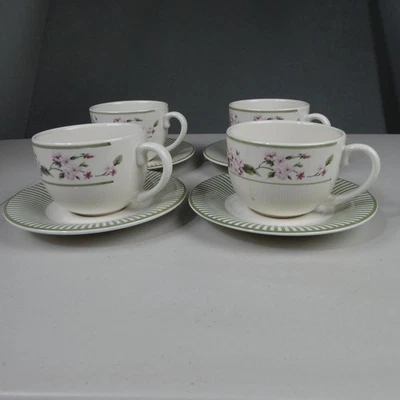 Juego de 4 tazas de café a rayas verdes florales rosas MSE platillos de té Foto 1 de 4